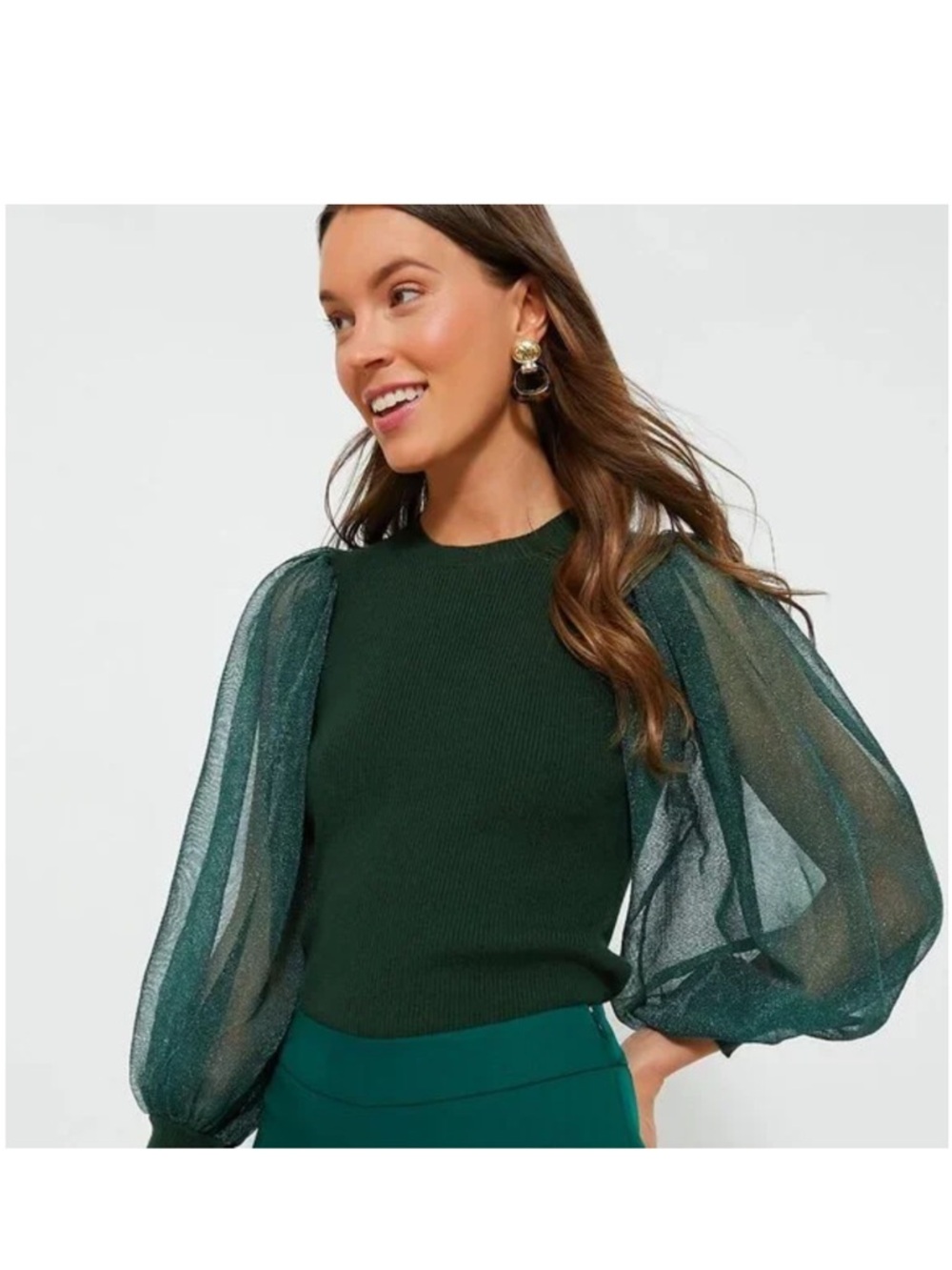 NWT Tuckernuck Betsy Green Ribbed Knit Crewneck Blouse Sheer Ballon Sleeves SZ M
